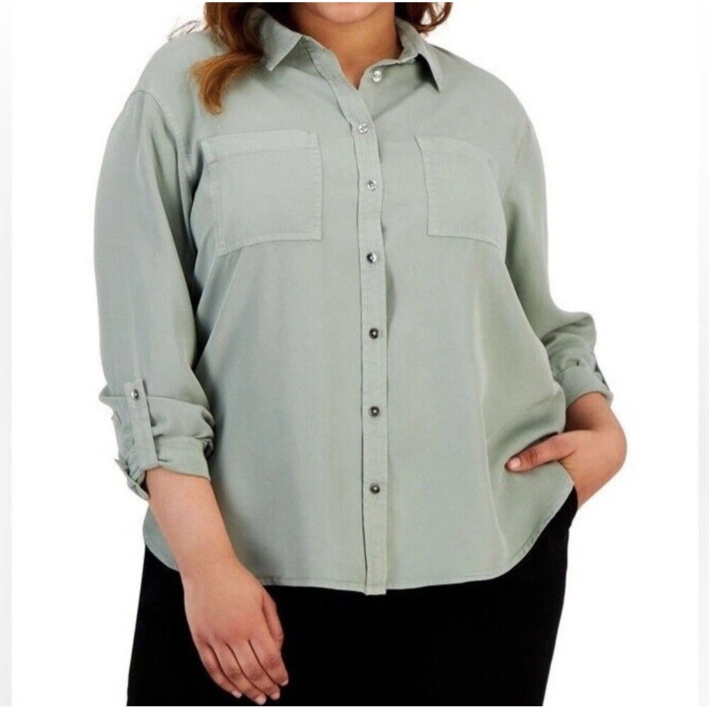 Calvin Klein Jeans Women's Trendy Plus Size 2X Utility Shirt in Sage Green